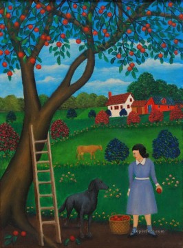 犬 Painting - 漫画の犬と農場の女性